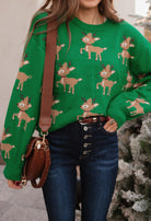 Green Sweater with Reindeer Pattern-Sweaters-Krush Kandy, Women's Online Fashion Boutique Located in Phoenix, Arizona (Scottsdale Area)