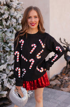 Sequin Candy Cane Round Neck Sweatshirt-Sweaters-Krush Kandy, Women's Online Fashion Boutique Located in Phoenix, Arizona (Scottsdale Area)