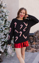 Peppermint Pop Sequin Candy Cane Corded Sweater-Graphic Tees-Krush Kandy, Women's Online Fashion Boutique Located in Phoenix, Arizona (Scottsdale Area)