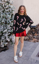 Sequin Candy Cane Round Neck Sweatshirt-Sweaters-Krush Kandy, Women's Online Fashion Boutique Located in Phoenix, Arizona (Scottsdale Area)