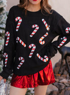 Sequin Candy Cane Round Neck Sweatshirt-Sweaters-Krush Kandy, Women's Online Fashion Boutique Located in Phoenix, Arizona (Scottsdale Area)