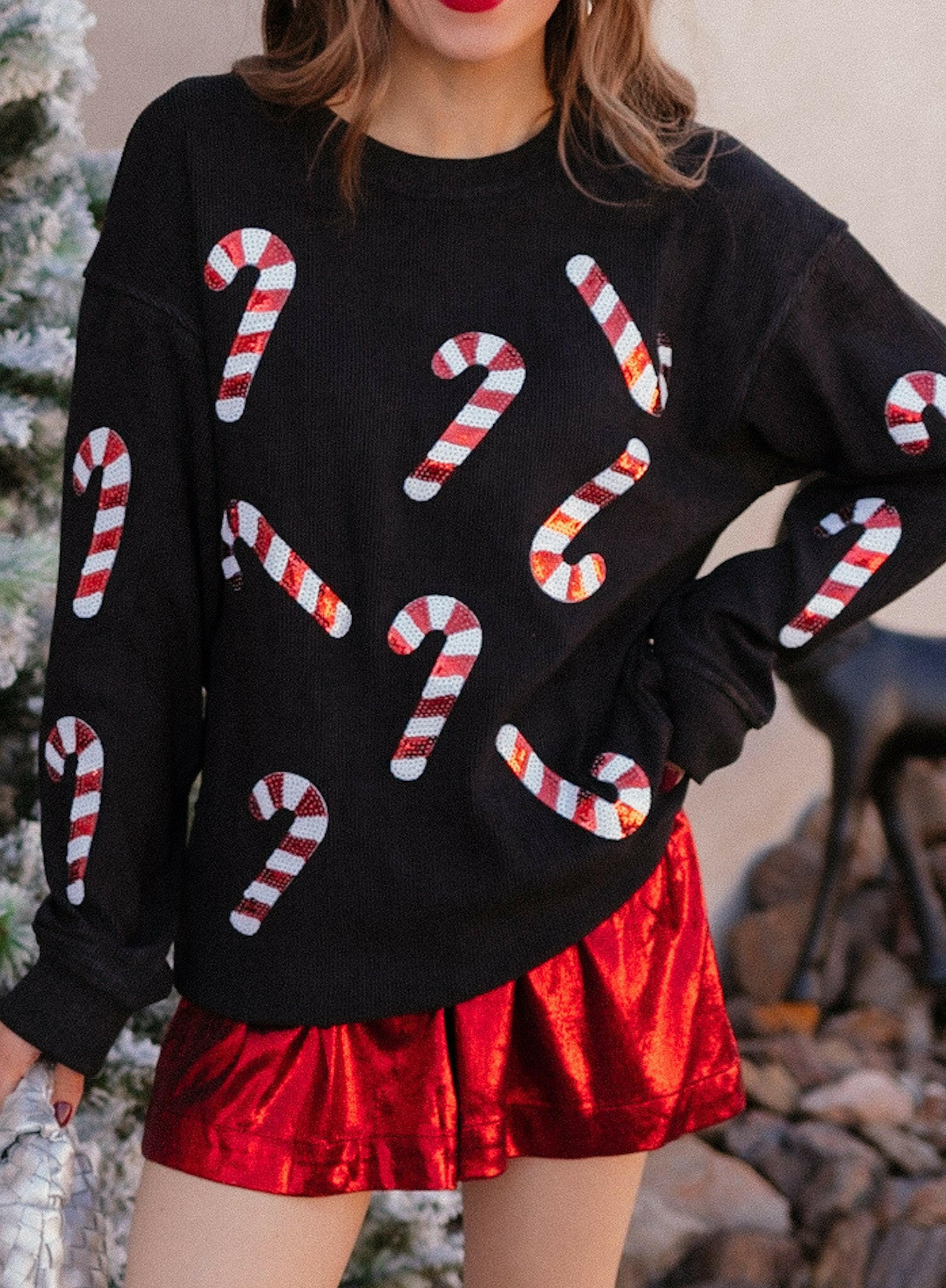 Sequin Candy Cane Round Neck Sweatshirt-Sweaters-Krush Kandy, Women's Online Fashion Boutique Located in Phoenix, Arizona (Scottsdale Area)