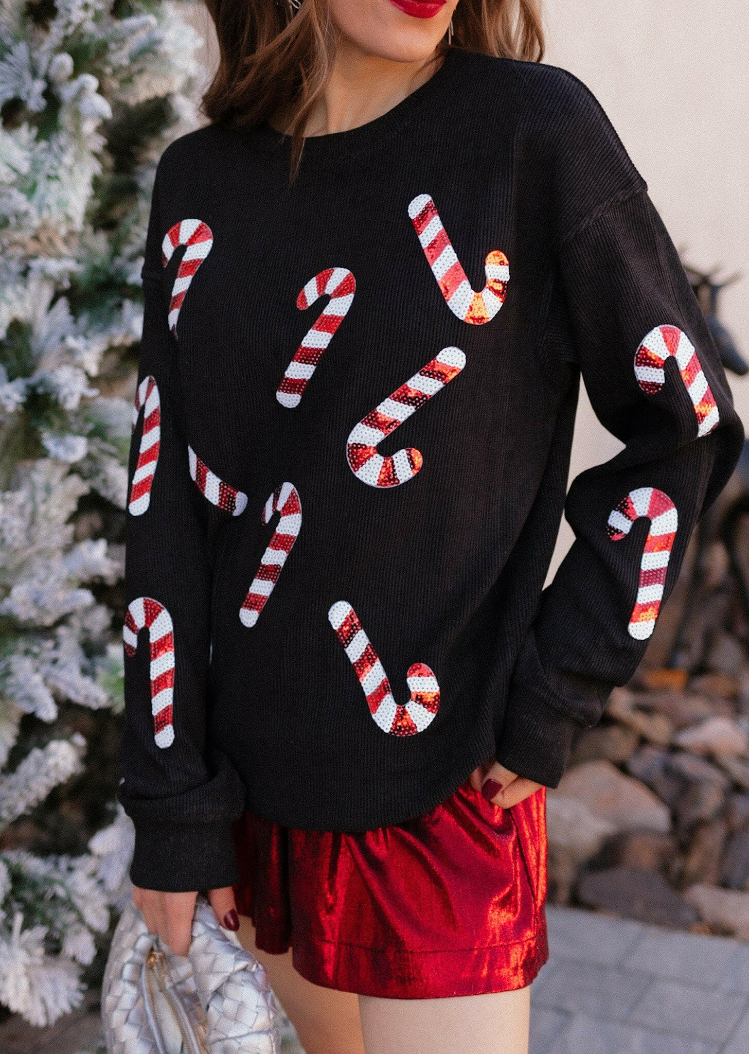 Sequin Candy Cane Round Neck Sweatshirt-Sweaters-Krush Kandy, Women's Online Fashion Boutique Located in Phoenix, Arizona (Scottsdale Area)