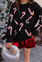 Sequin Candy Cane Round Neck Sweatshirt-Sweaters-Krush Kandy, Women's Online Fashion Boutique Located in Phoenix, Arizona (Scottsdale Area)