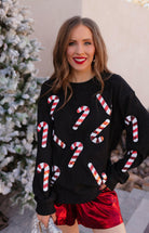 Sequin Candy Cane Round Neck Sweatshirt-Sweaters-Krush Kandy, Women's Online Fashion Boutique Located in Phoenix, Arizona (Scottsdale Area)