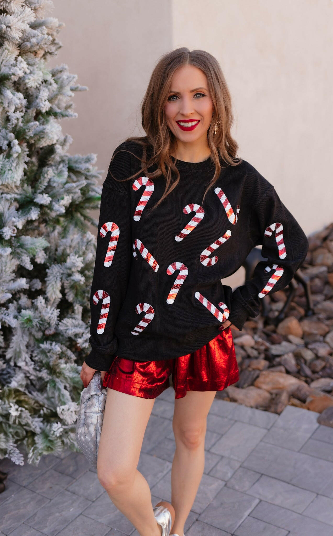 Sequin Candy Cane Round Neck Sweatshirt-Sweaters-Krush Kandy, Women's Online Fashion Boutique Located in Phoenix, Arizona (Scottsdale Area)