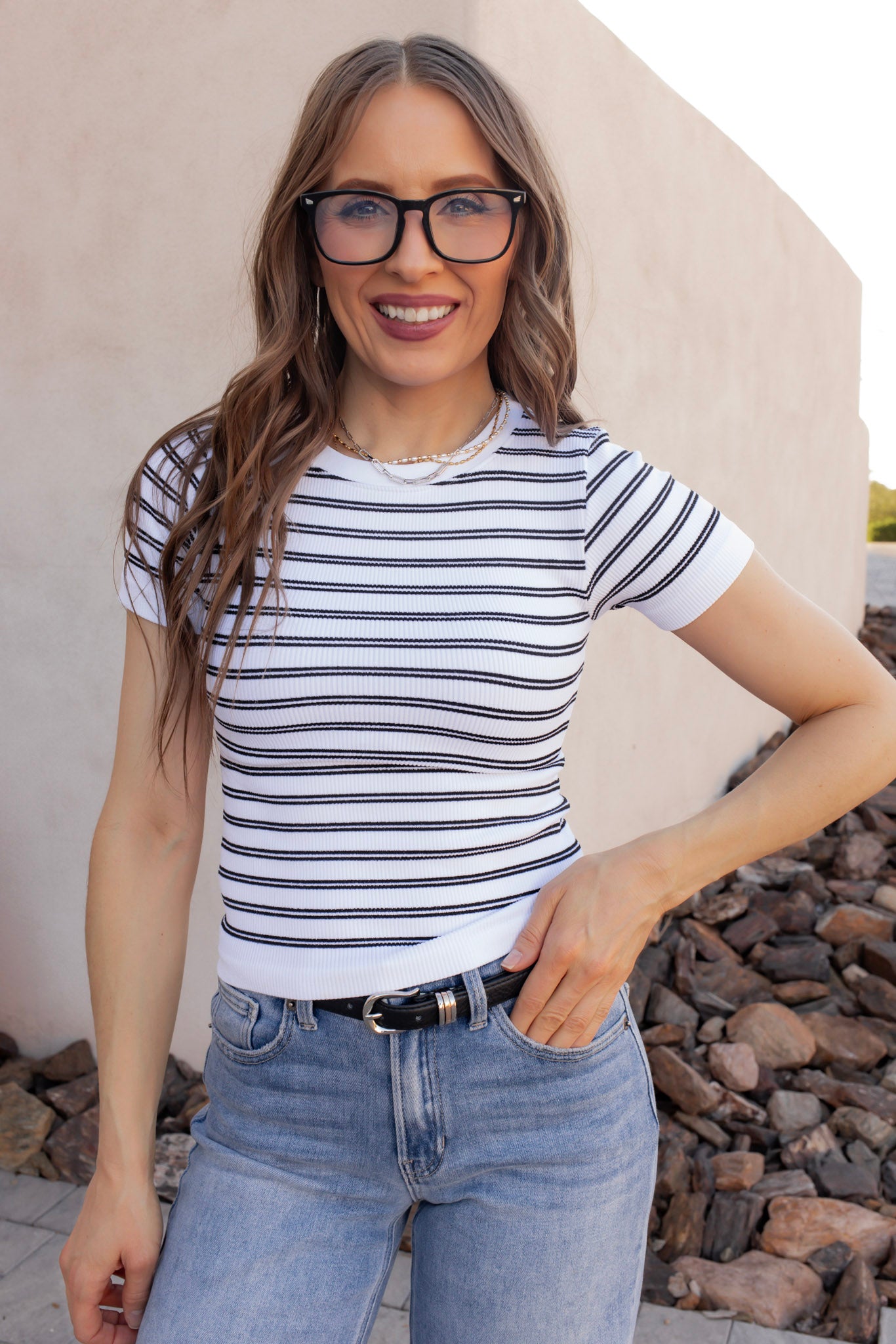 Short Sleeve Crew Neck Striped Seamless Top-Tops-Krush Kandy, Women's Online Fashion Boutique Located in Phoenix, Arizona (Scottsdale Area)