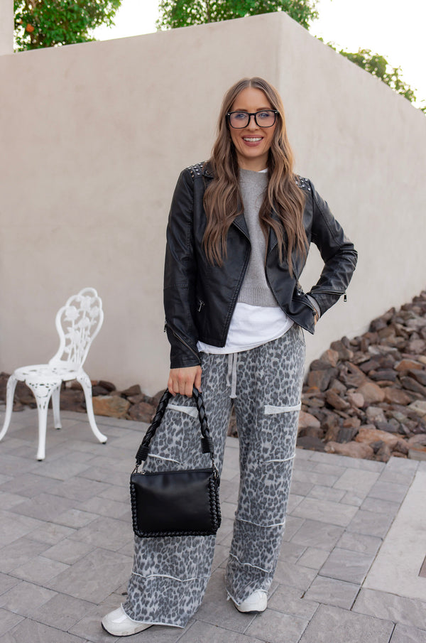 Mineral Washed Animal Leopard Wide Leg Pants