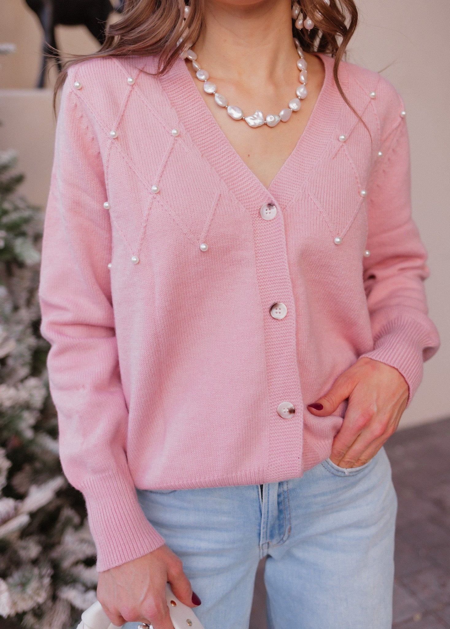 Dear Sugar Pearl Dreams Cardigan Sweater Pink S