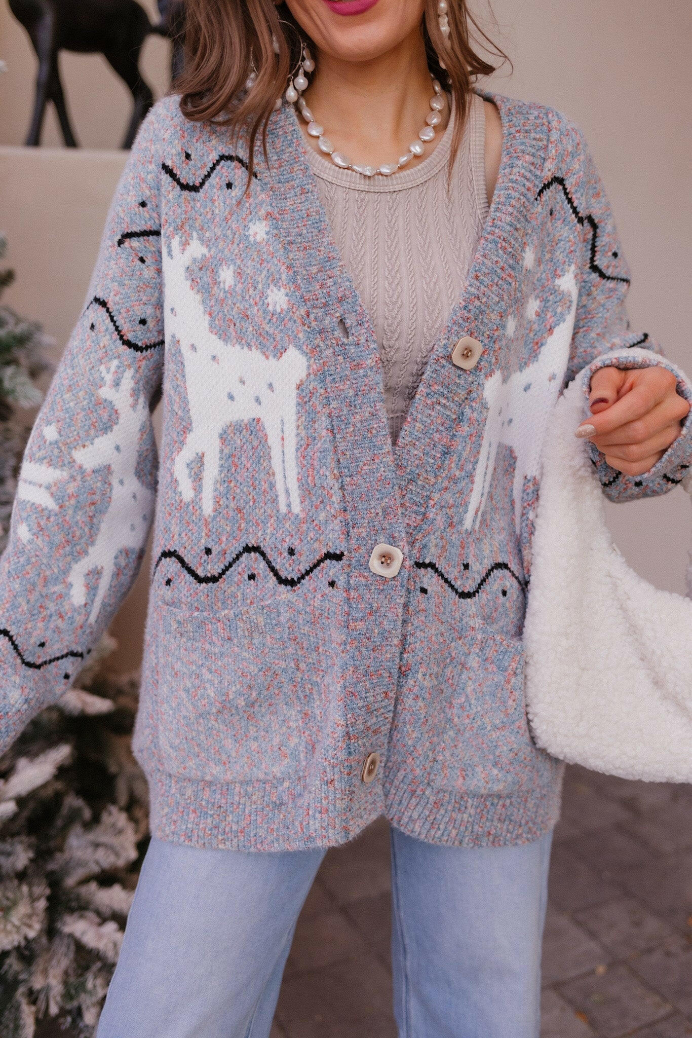 Cardigan Knit Sweater with Slay Ride Reindeer Design