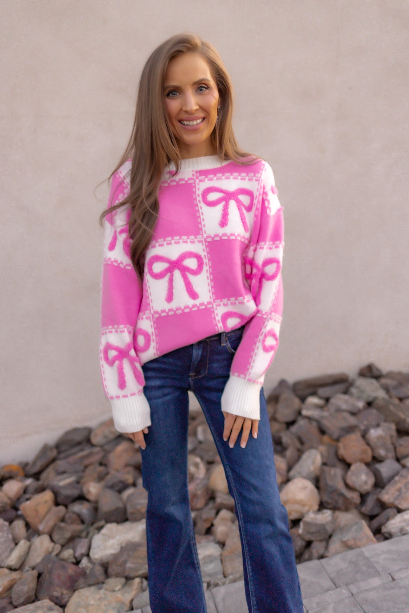 Bow Check It Girl Sweater-Sweatshirts-Krush Kandy, Women's Online Fashion Boutique Located in Phoenix, Arizona (Scottsdale Area)