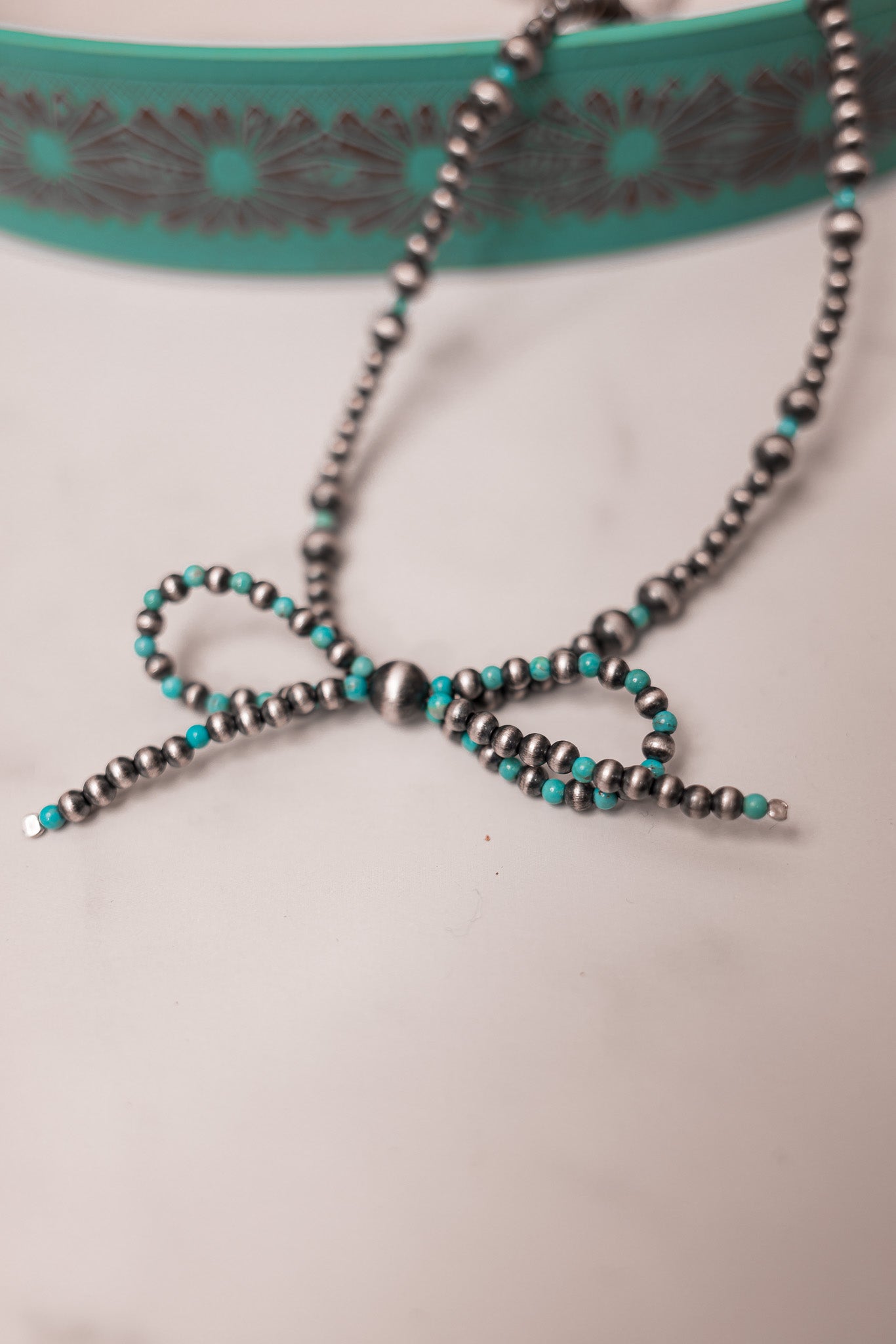 Turquoise & Multi Desert Pearl Bow Necklace-Chain Necklaces-Krush Kandy, Women's Online Fashion Boutique Located in Phoenix, Arizona (Scottsdale Area)