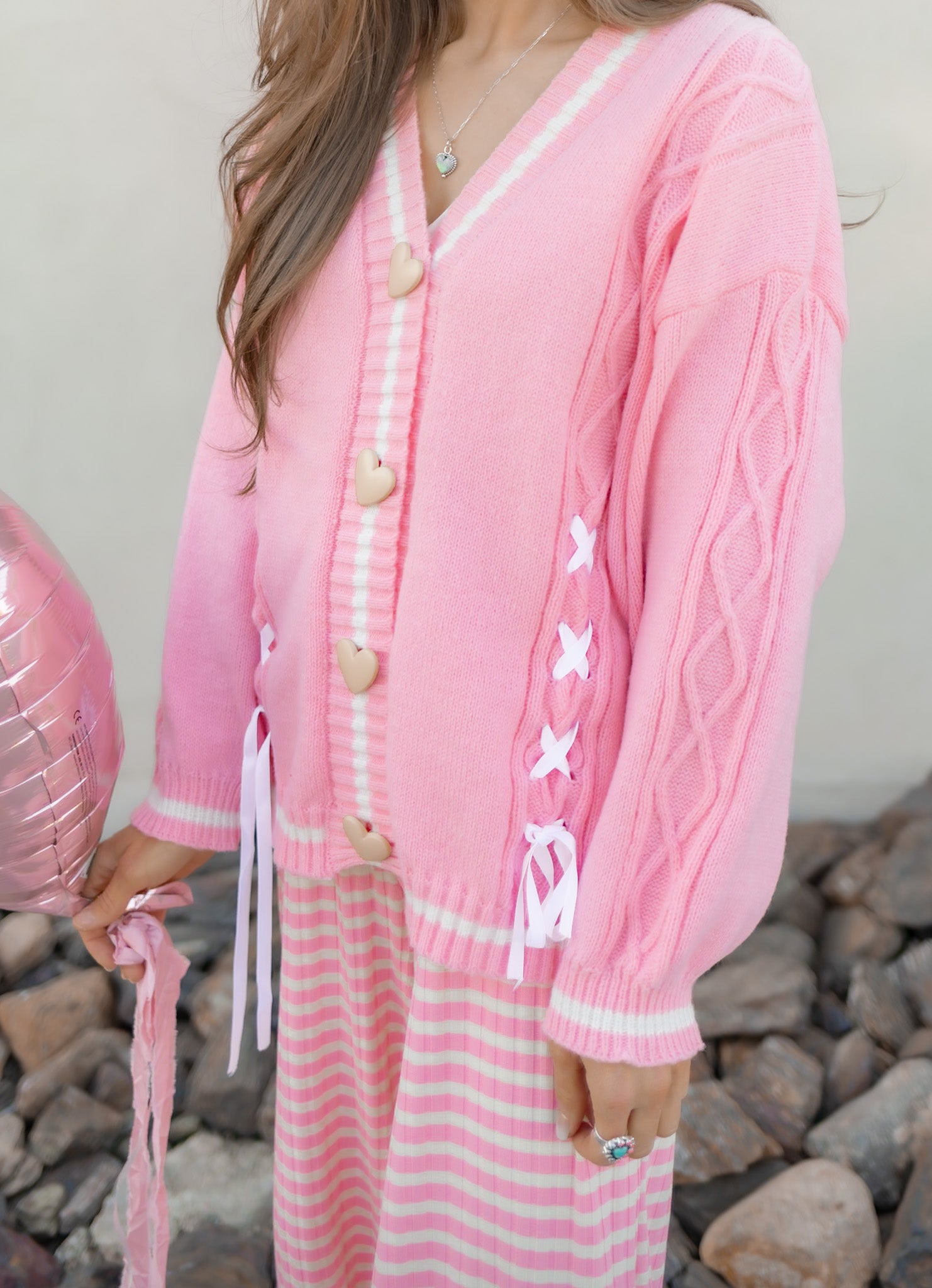 Ribbon Hearts Cable Knit Cardigan-Sweaters-Krush Kandy, Women's Online Fashion Boutique Located in Phoenix, Arizona (Scottsdale Area)