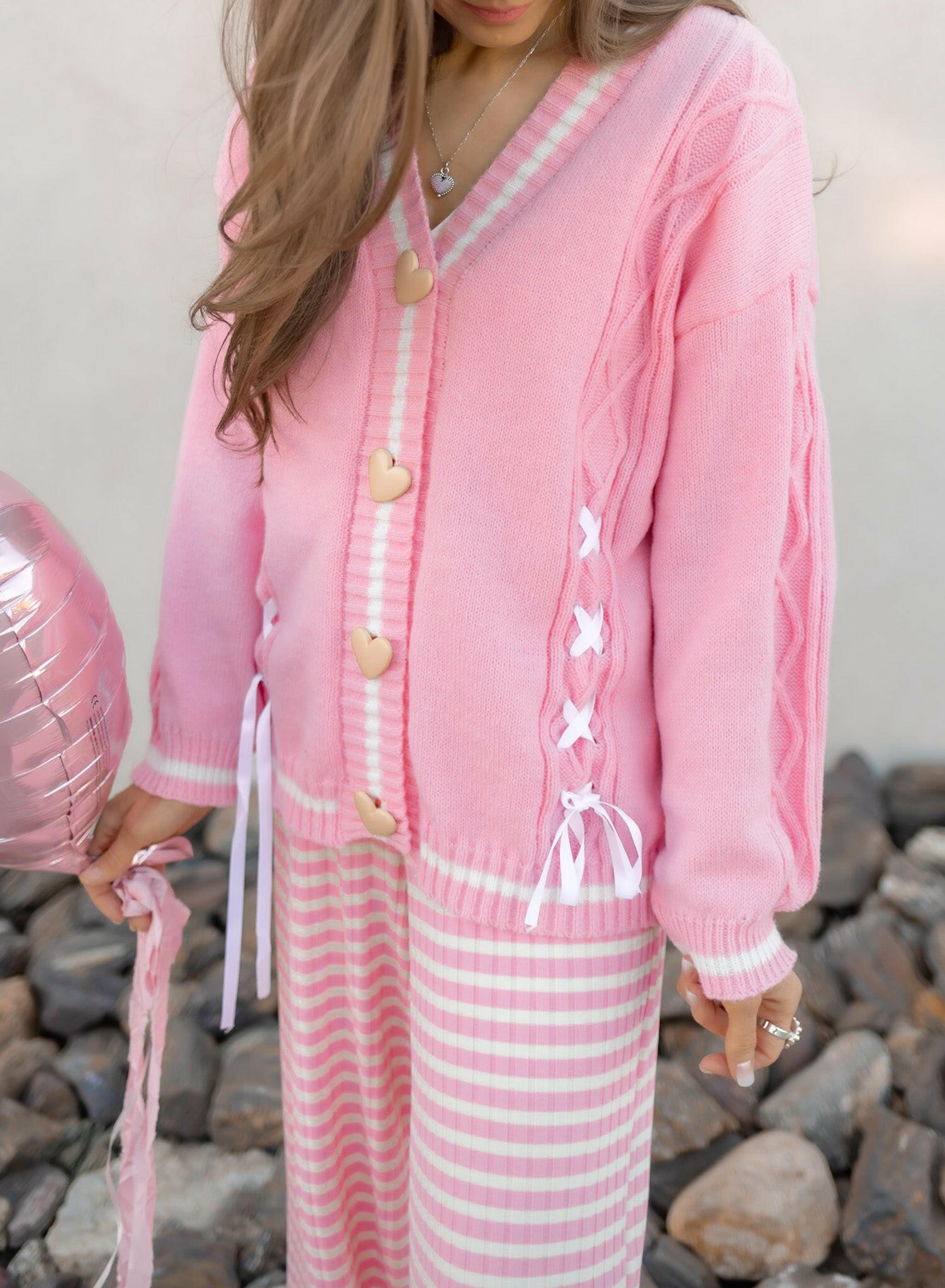 Cable Knit Ribbon Hearts Cardigan with Contrast Stitching