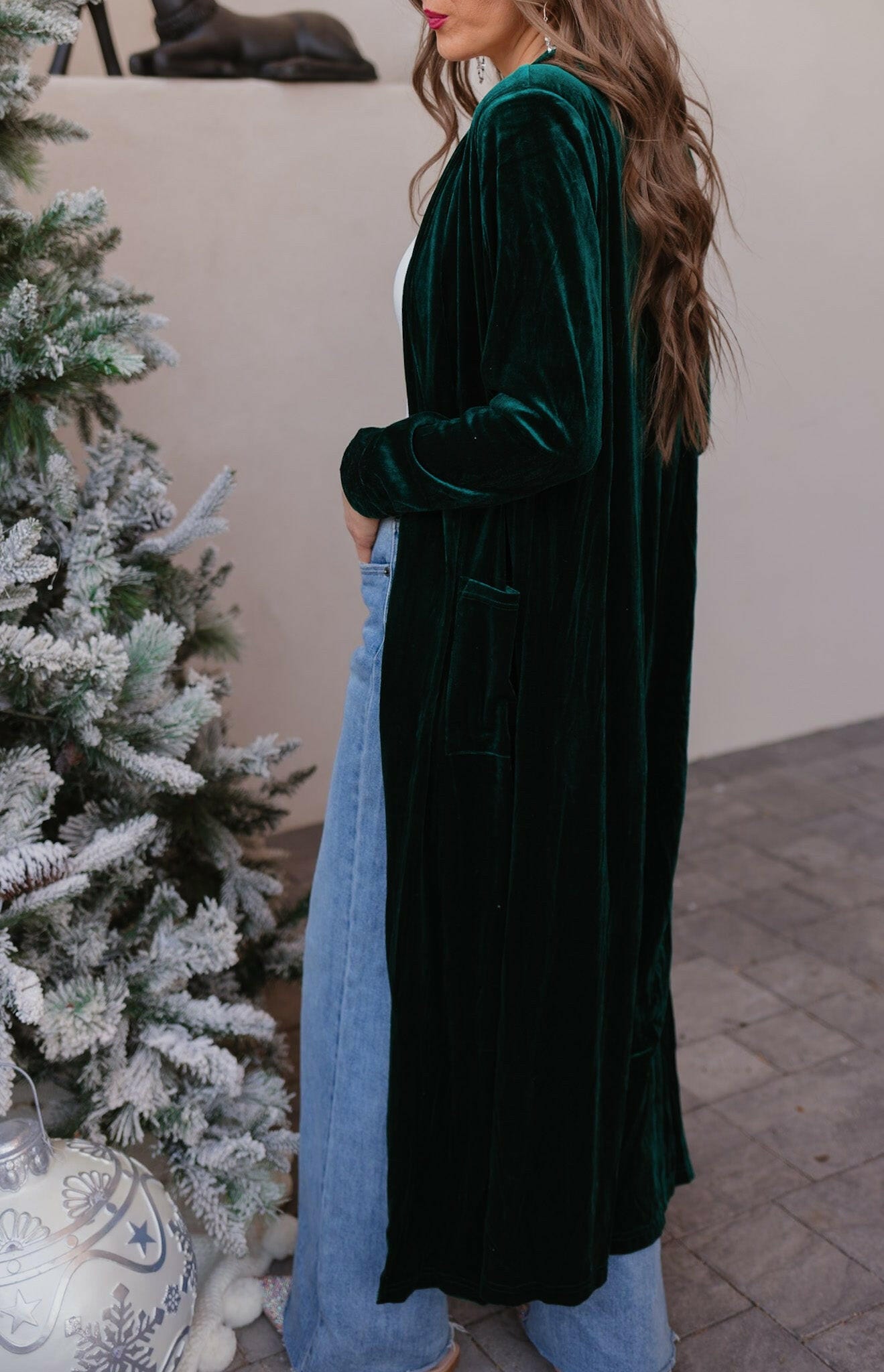 Evergreen Affair Velvet Duster Cardigan-Cardigans-Krush Kandy, Women's Online Fashion Boutique Located in Phoenix, Arizona (Scottsdale Area)