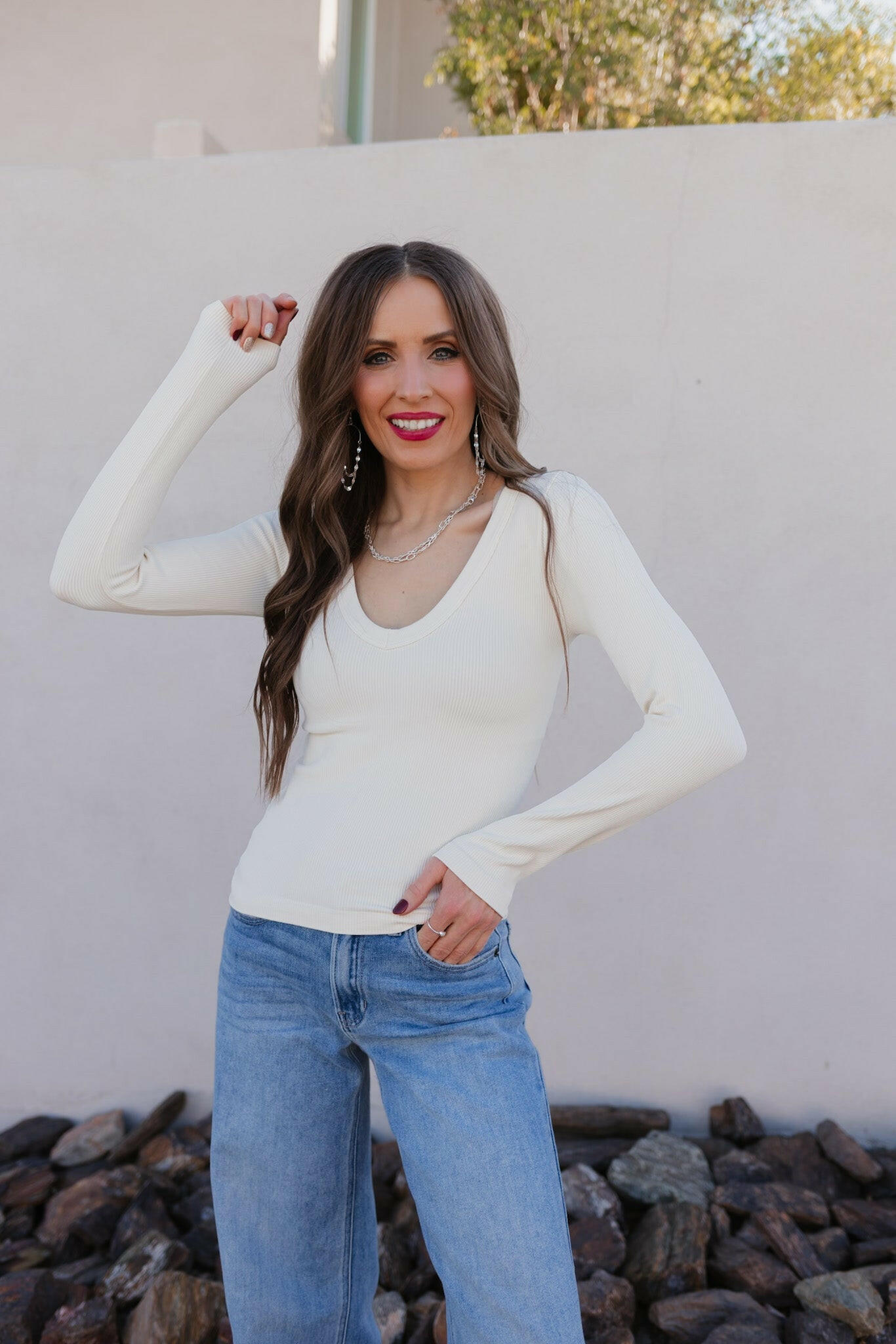 Dreamfit Deep V-Neck Long Sleeve - PREORDER-Long Sleeve Tops-Krush Kandy, Women's Online Fashion Boutique Located in Phoenix, Arizona (Scottsdale Area)