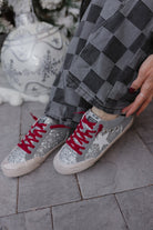 Silver Starlight: Silver Glitter Star Sneakers with Red Laces-Shoes-Krush Kandy, Women's Online Fashion Boutique Located in Phoenix, Arizona (Scottsdale Area)