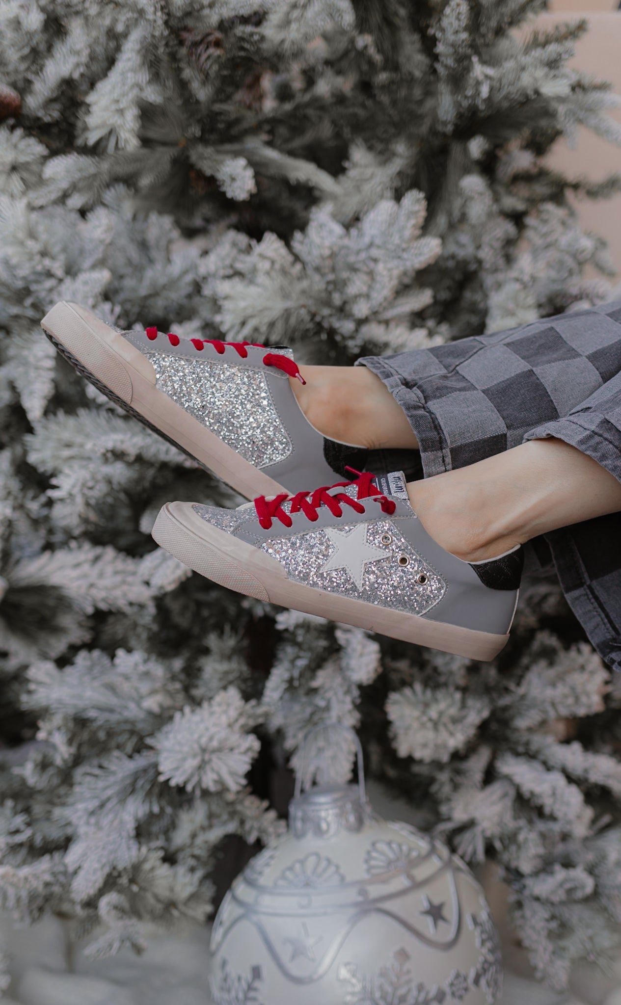 Silver Starlight: Silver Glitter Star Sneakers with Red Laces-Shoes-Krush Kandy, Women's Online Fashion Boutique Located in Phoenix, Arizona (Scottsdale Area)