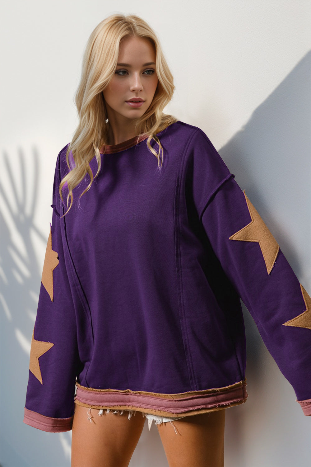 Star Patched Long Sleeve Sweatshirt-Krush Kandy, Women's Online Fashion Boutique Located in Phoenix, Arizona (Scottsdale Area)