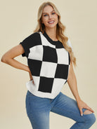 Double Take Full Size Checkered Round Neck Short Sleeve Sweater-Tops-Krush Kandy, Women's Online Fashion Boutique Located in Phoenix, Arizona (Scottsdale Area)