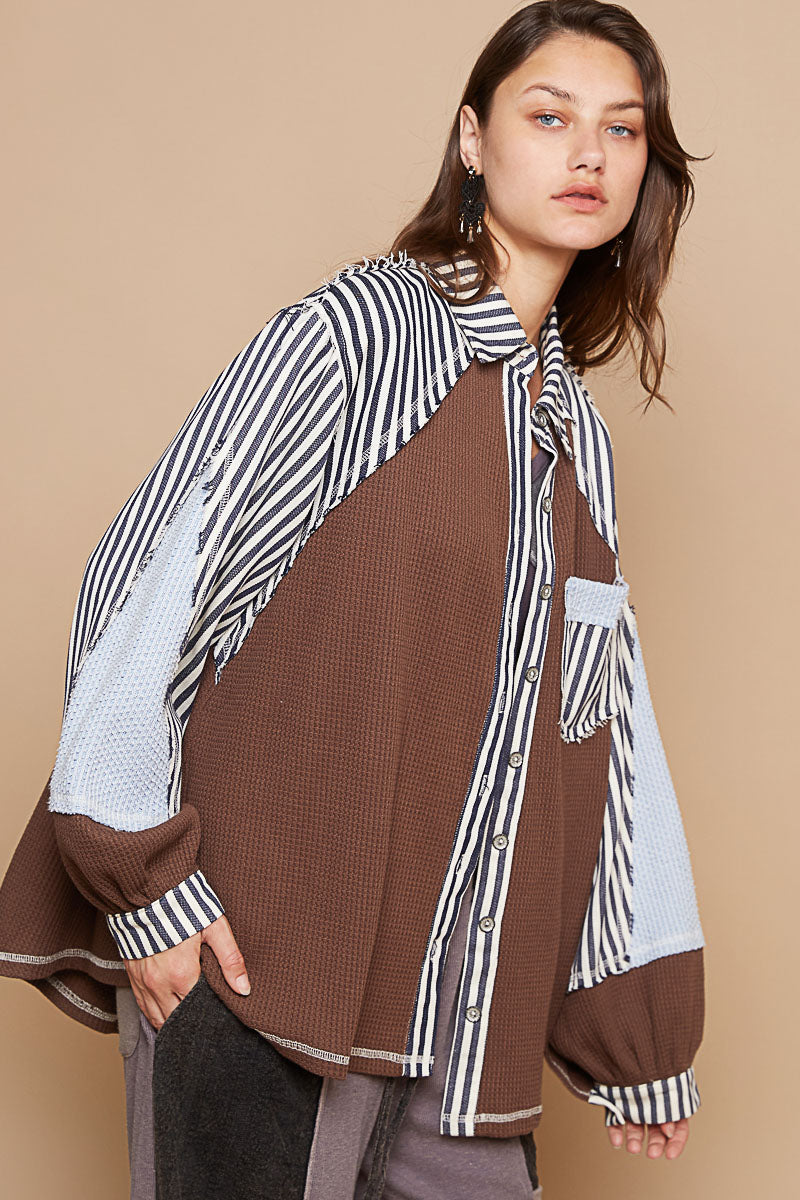 POL Balloon Sleeve Stripe Contrast Button Down Jacket-Jacket-Krush Kandy, Women's Online Fashion Boutique Located in Phoenix, Arizona (Scottsdale Area)