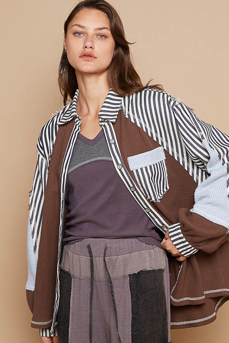 POL Balloon Sleeve Stripe Contrast Button Down Jacket-Jacket-Krush Kandy, Women's Online Fashion Boutique Located in Phoenix, Arizona (Scottsdale Area)