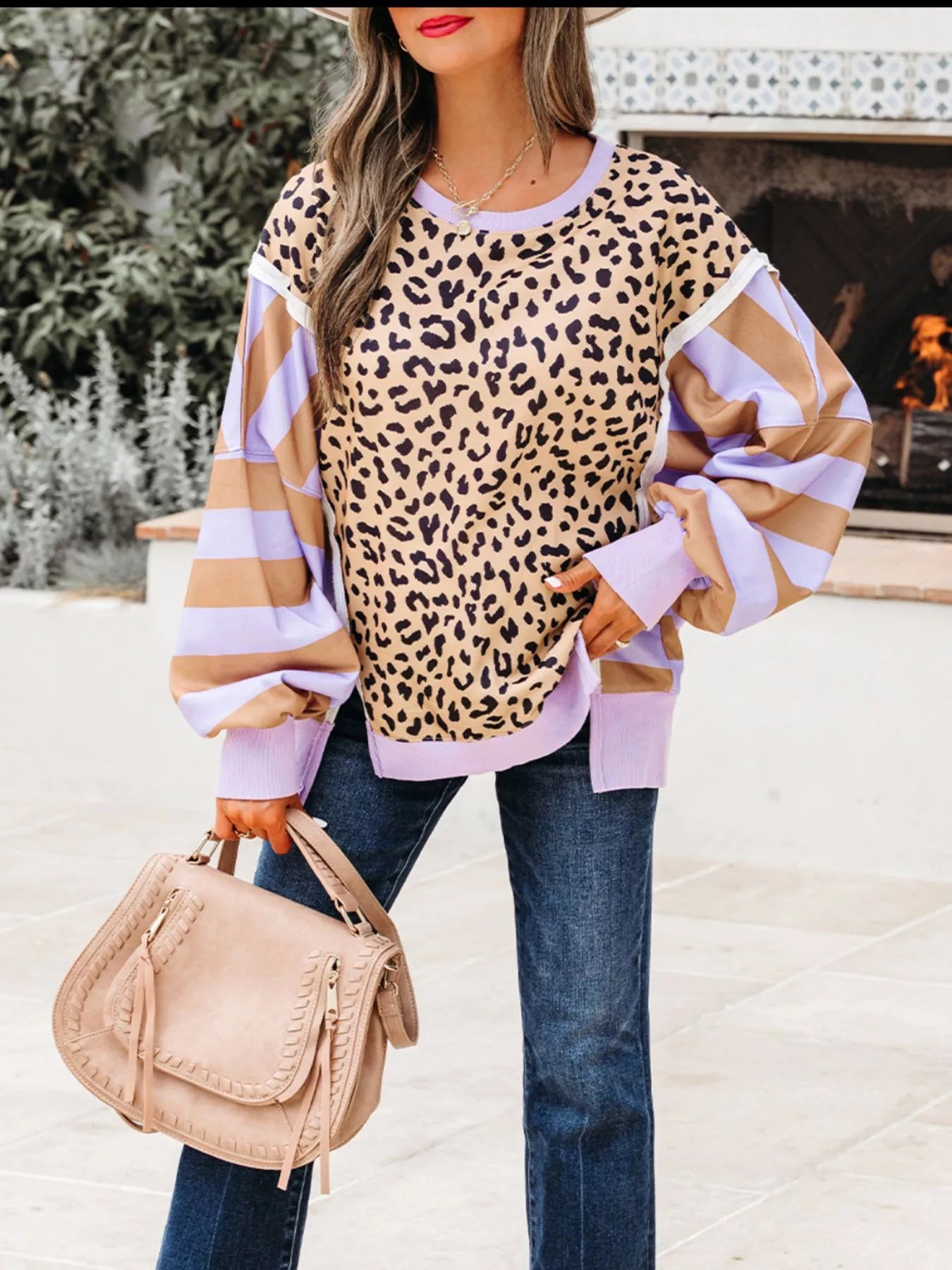Stripe Color Block Patchwork Leopard Casual Sweatshirt with Slits-Sweaters-Krush Kandy, Women's Online Fashion Boutique Located in Phoenix, Arizona (Scottsdale Area)