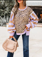 Stripe Color Block Patchwork Leopard Casual Sweatshirt with Slits-Sweaters-Krush Kandy, Women's Online Fashion Boutique Located in Phoenix, Arizona (Scottsdale Area)