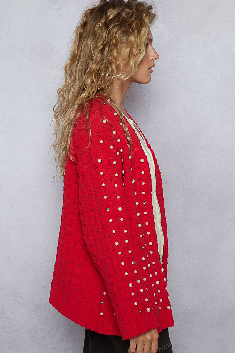 POL Pearl-Embellished Chenille Cardigan-Cardigans-Krush Kandy, Women's Online Fashion Boutique Located in Phoenix, Arizona (Scottsdale Area)