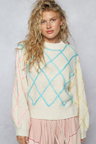 POL Pastel Grid Balloon Sleeve Sweater-Sweaters-Krush Kandy, Women's Online Fashion Boutique Located in Phoenix, Arizona (Scottsdale Area)