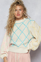 POL Pastel Grid Balloon Sleeve Sweater-Sweaters-Krush Kandy, Women's Online Fashion Boutique Located in Phoenix, Arizona (Scottsdale Area)