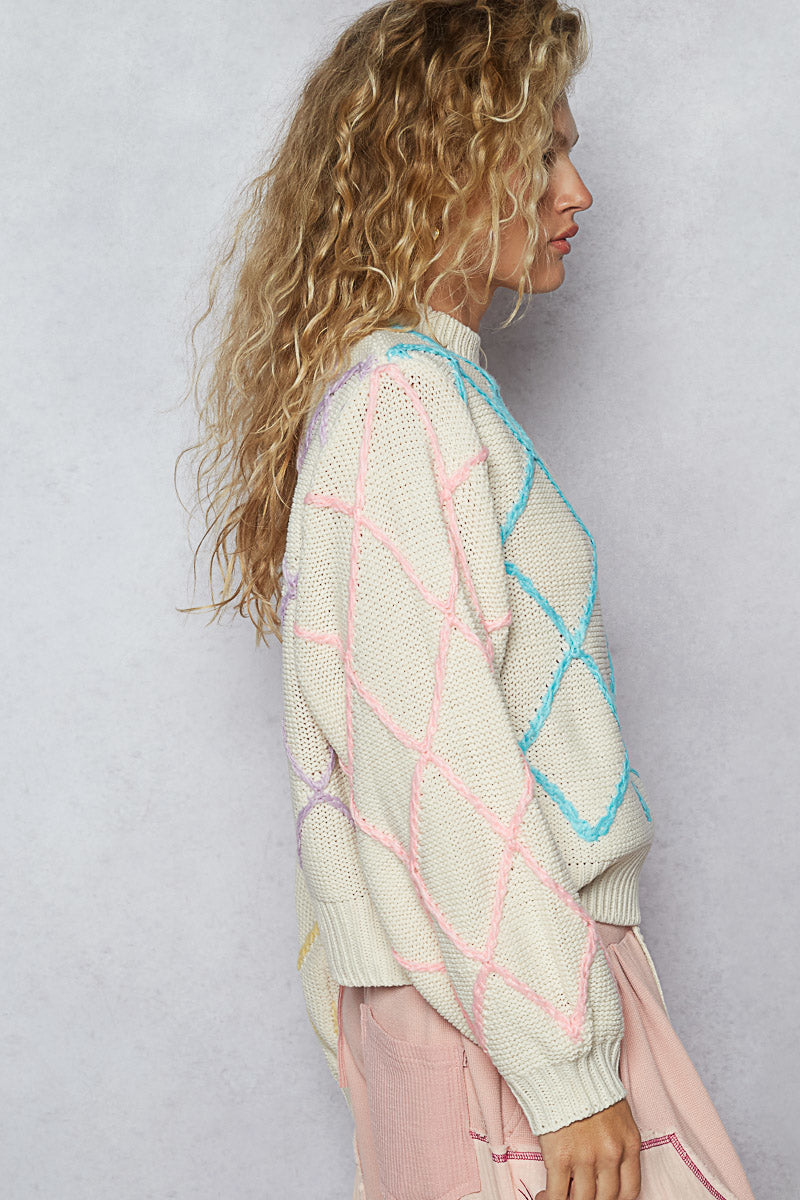 POL Pastel Grid Balloon Sleeve Sweater-Sweaters-Krush Kandy, Women's Online Fashion Boutique Located in Phoenix, Arizona (Scottsdale Area)