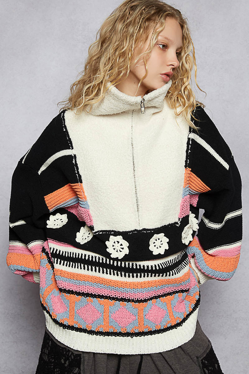 POL Half-Zip Patchwork Chenille Sweater-Sweaters-Krush Kandy, Women's Online Fashion Boutique Located in Phoenix, Arizona (Scottsdale Area)
