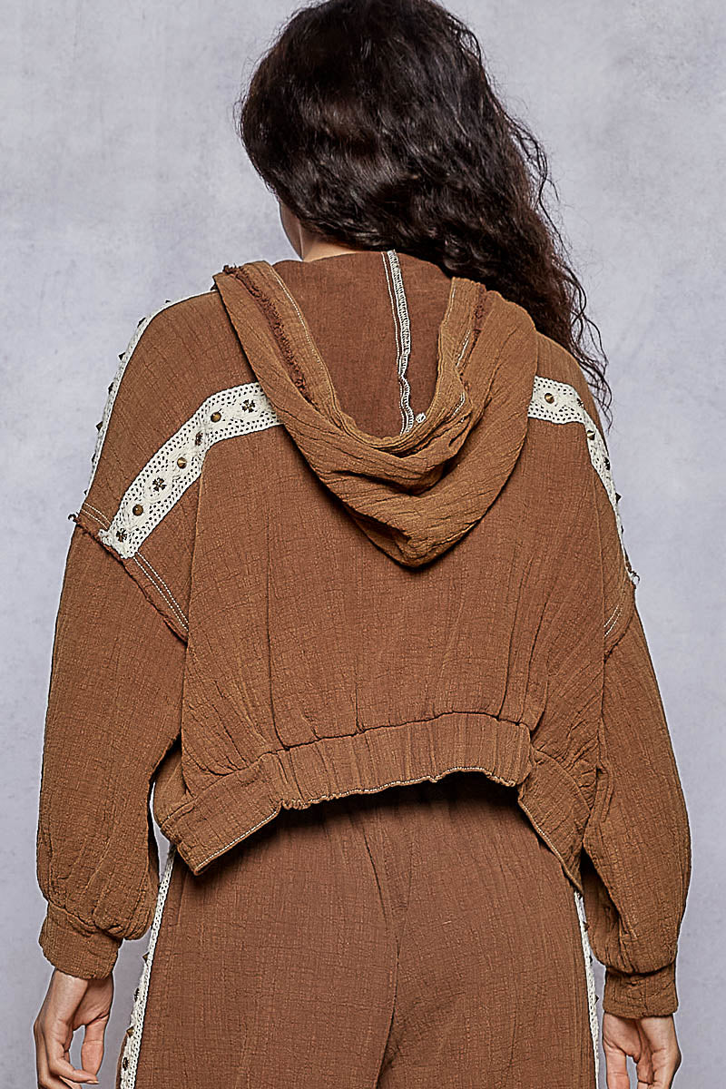 POL Studded Trim Gauze Ho odie-Hoodies-Krush Kandy, Women's Online Fashion Boutique Located in Phoenix, Arizona (Scottsdale Area)