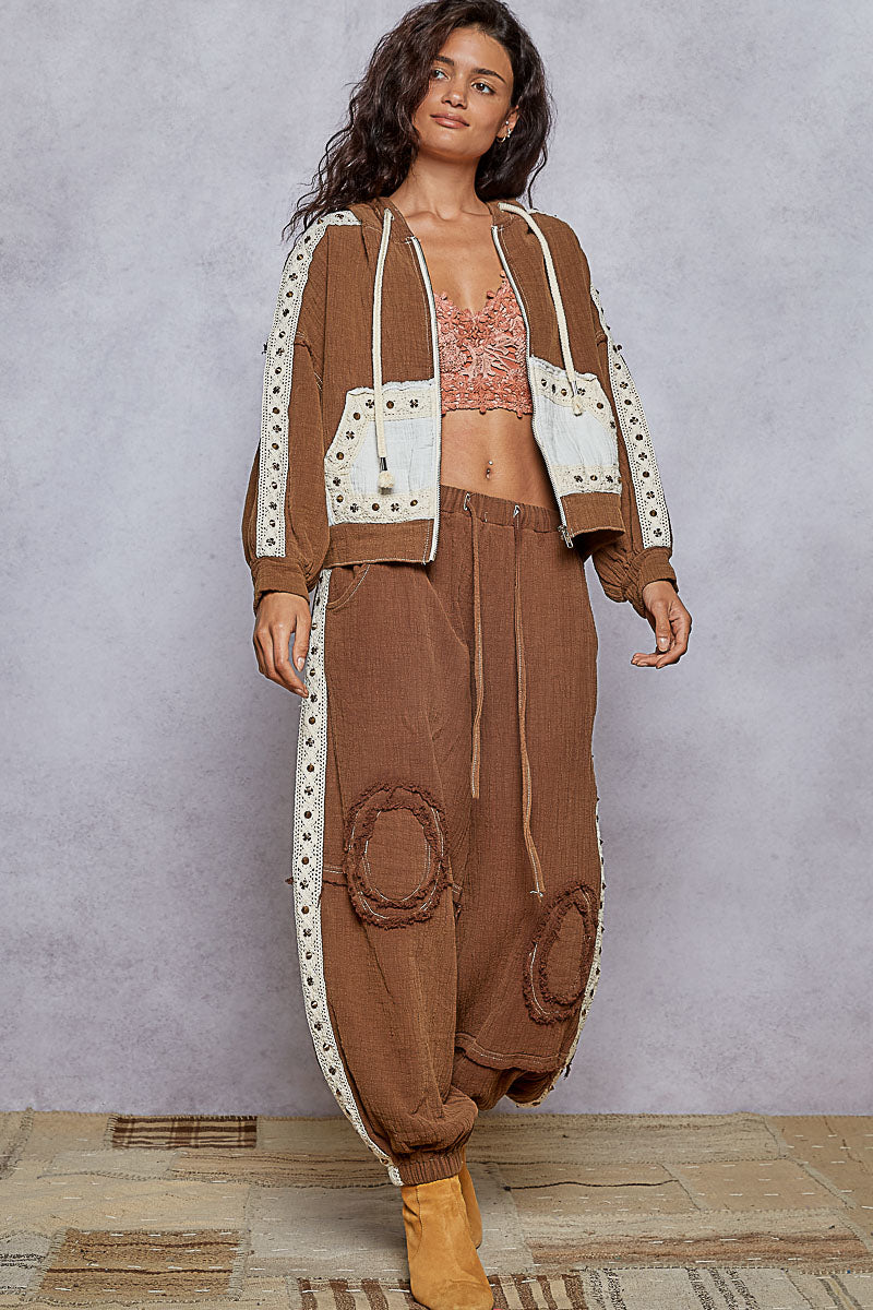POL Studded Trim Gauze Ho odie-Hoodies-Krush Kandy, Women's Online Fashion Boutique Located in Phoenix, Arizona (Scottsdale Area)