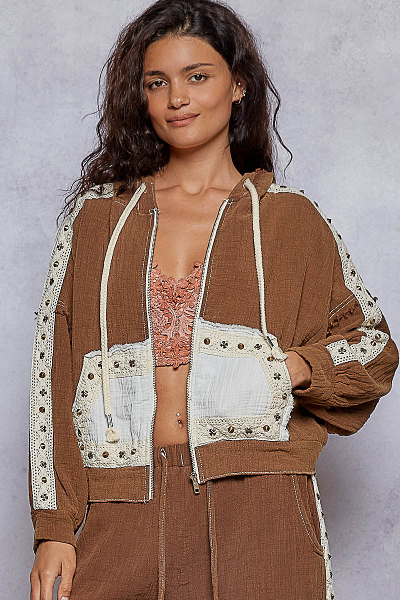 POL Studded Trim Gauze Ho odie-Hoodies-Krush Kandy, Women's Online Fashion Boutique Located in Phoenix, Arizona (Scottsdale Area)