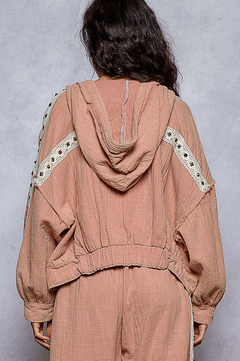 POL Studded Trim Gauze Ho odie-Hoodies-Krush Kandy, Women's Online Fashion Boutique Located in Phoenix, Arizona (Scottsdale Area)