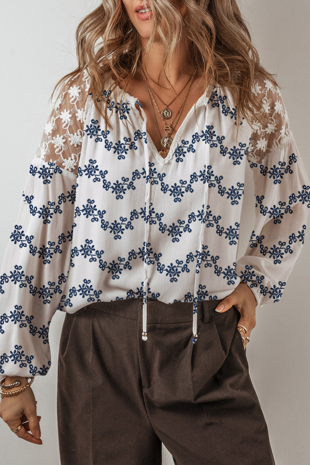 Embroidered Floral V-Neck Blouse-Long Sleeve Tops-Krush Kandy, Women's Online Fashion Boutique Located in Phoenix, Arizona (Scottsdale Area)