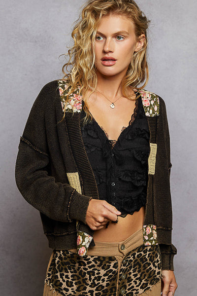 POL Patchwork Neckband Textured Knit Cardigan – Boho Oversized Layer
