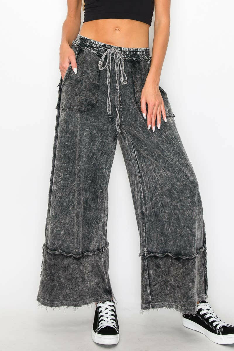 J.HER Mineral Wash Wide Pants with Raw Hem Frayed Details-Pants-Krush Kandy, Women's Online Fashion Boutique Located in Phoenix, Arizona (Scottsdale Area)