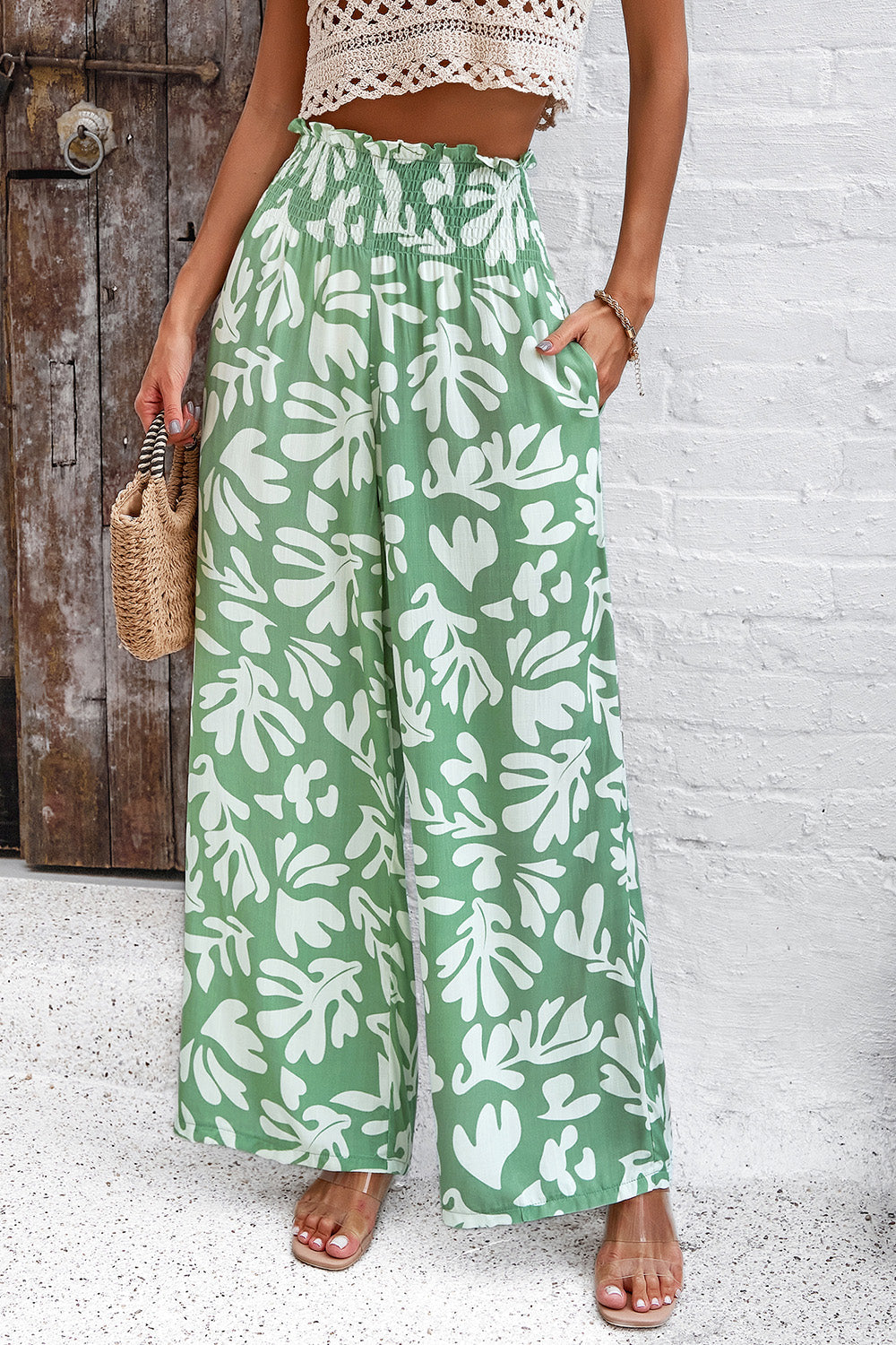 Smocked Printed Wide Leg Pants with Pockets-Pants-Krush Kandy, Women's Online Fashion Boutique Located in Phoenix, Arizona (Scottsdale Area)