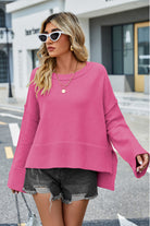 High-Low Slit Round Neck Long Sleeve Sweater-Krush Kandy, Women's Online Fashion Boutique Located in Phoenix, Arizona (Scottsdale Area)