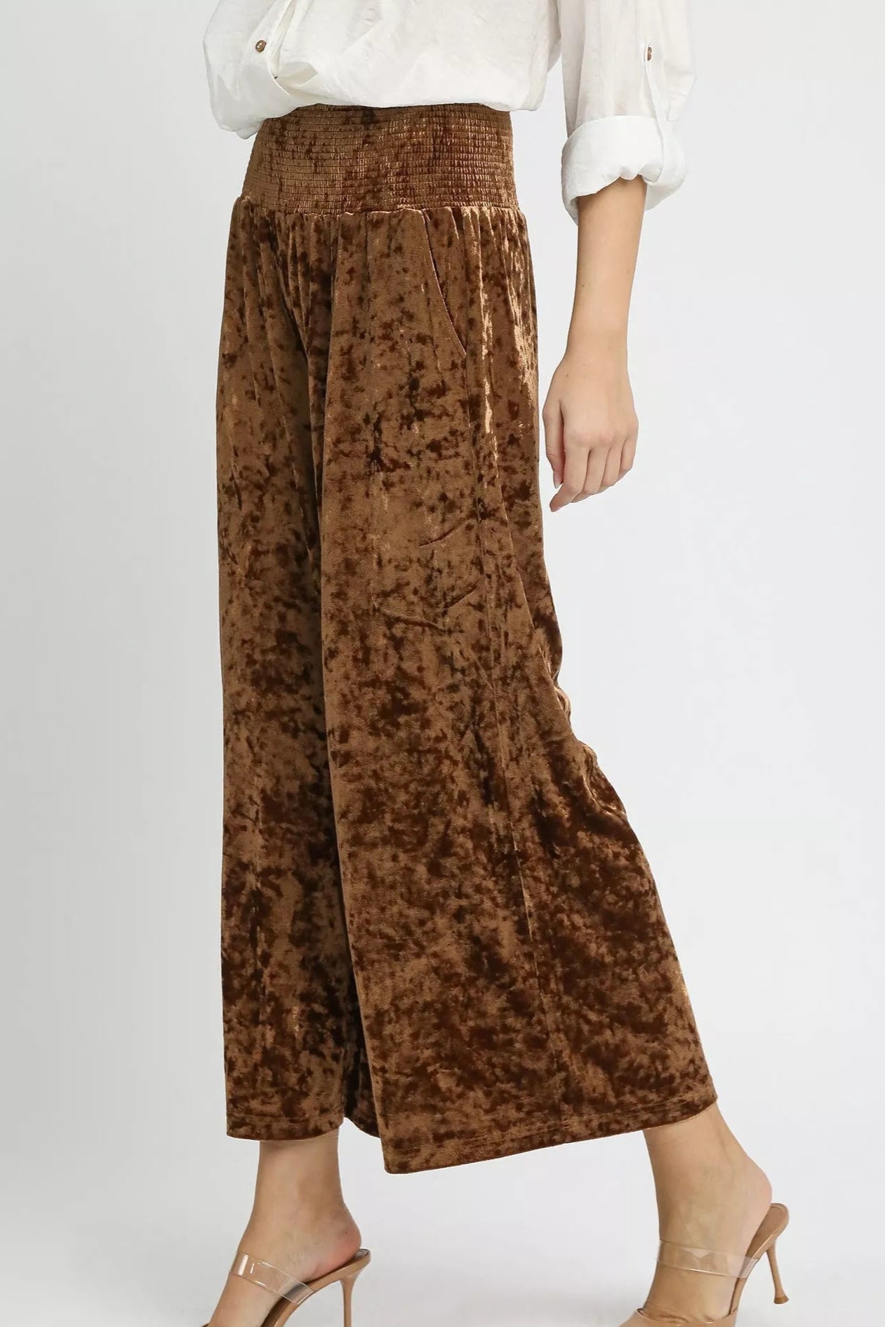 Umgee Velvet Smocked Waistband Wide Leg Pants-Pants-Krush Kandy, Women's Online Fashion Boutique Located in Phoenix, Arizona (Scottsdale Area)