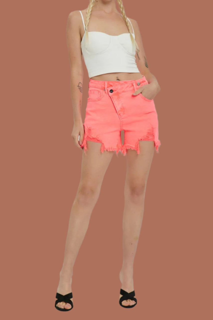 Risen Raw Hem Asymmetrical Waist Denim Shorts-Denim-Krush Kandy, Women's Online Fashion Boutique Located in Phoenix, Arizona (Scottsdale Area)