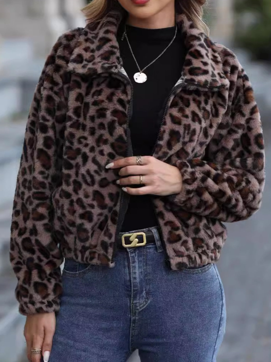 Leopard Collared Neck Zip Up Jacket-Krush Kandy, Women's Online Fashion Boutique Located in Phoenix, Arizona (Scottsdale Area)