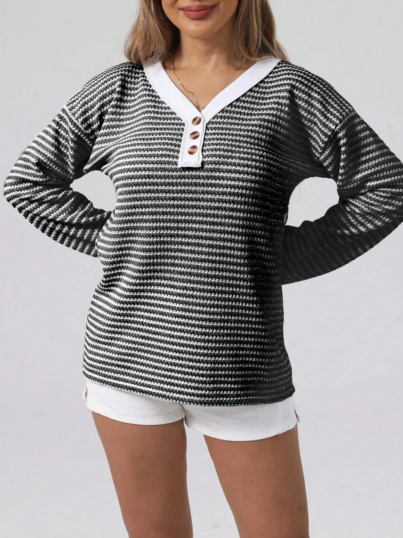 Striped Button Detail Long Sleeve Top-Long Sleeve Tops-Krush Kandy, Women's Online Fashion Boutique Located in Phoenix, Arizona (Scottsdale Area)
