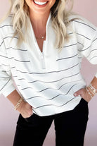 White & Black Striped Quarter-Zip Pullover-Sweaters-Krush Kandy, Women's Online Fashion Boutique Located in Phoenix, Arizona (Scottsdale Area)