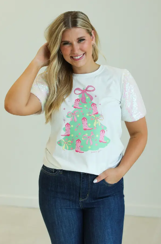 Christmas Tree On White T-Shirt with Velvet Sequin Sleeves-clothing-Krush Kandy, Women's Online Fashion Boutique Located in Phoenix, Arizona (Scottsdale Area)