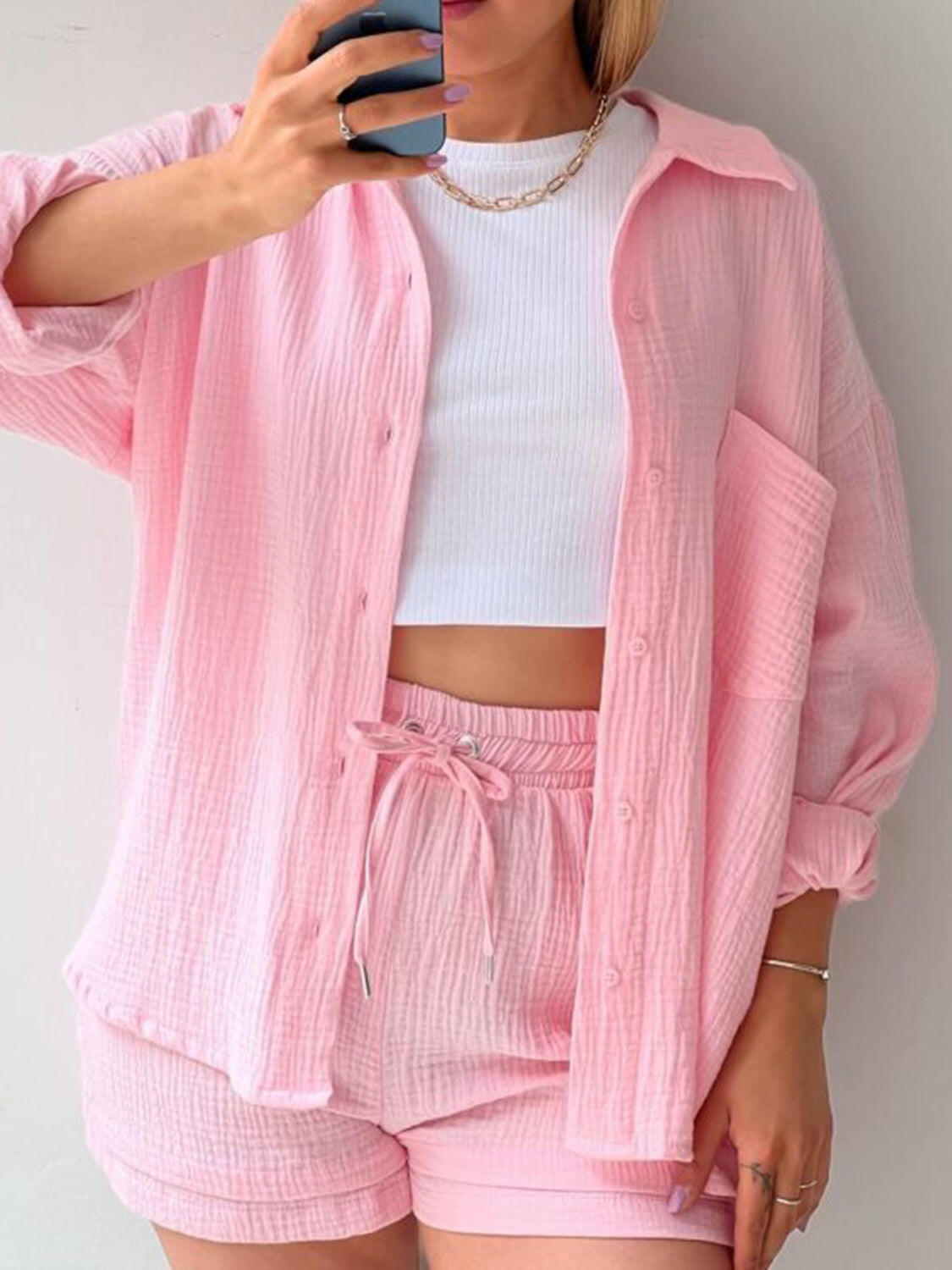 Kinsley Texture Button-Up Shirt and Drawstring Shorts Set-Krush Kandy, Women's Online Fashion Boutique Located in Phoenix, Arizona (Scottsdale Area)