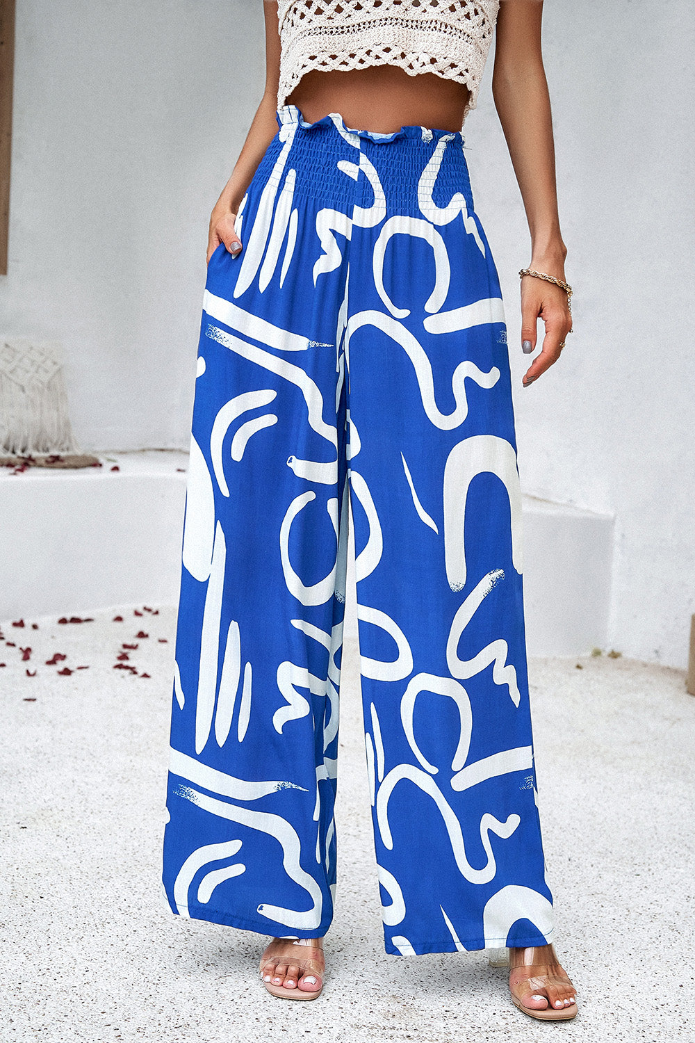 Smocked Printed Wide Leg Pants with Pockets-Pants-Krush Kandy, Women's Online Fashion Boutique Located in Phoenix, Arizona (Scottsdale Area)